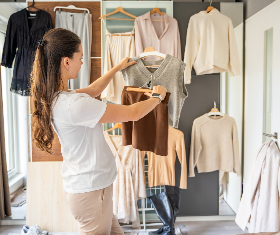 A woman sorting through clothing on hangers in front of her